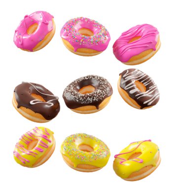 Beyaz şeffaf arka planda renkli kremalı, serpiştirilmiş ve çikolatalı çeşitli çörekler. 3D görüntüleme ve tatlı çeşitliliği