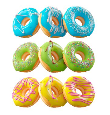 Beyaz şeffaf arka planda renkli kremalı, serpiştirilmiş ve çikolatalı çeşitli çörekler. 3D görüntüleme ve tatlı çeşitliliği