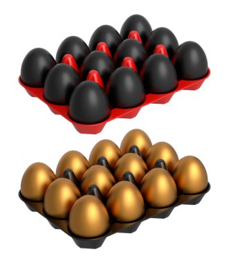 Beyaz şeffaf arka planda izole edilmiş altın ve siyah yumurtalarla dolu plastik tepsiler. Yumurta çeşitliliği ve gıda endüstrisi kavramı