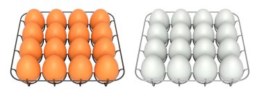 Beyaz şeffaf arkaplanda izole edilmiş beyaz ve kahverengi yumurtalarla dolu metal tepsiler. Yumurta çeşitliliği ve gıda endüstrisi kavramı