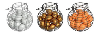 Yumurtalarla dolu kablo sepetleri, beyaz şeffaf arka planda izole edilmiş, mutfak depolama kavramı.