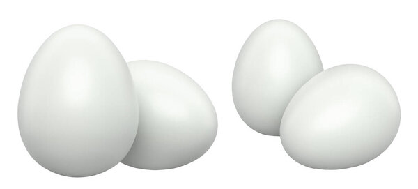 Белые яйца помещены бок о бок изолированы на белом прозрачном фоне. Концепция сорта яиц и питания