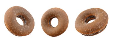 Çikolata kaplı çörekler, serpiştirmeler, beyaz çiselemeler ve beyaz şeffaf arka planda izole edilmiş noktalar. 3D görüntüleme ve tatlı çeşitliliği