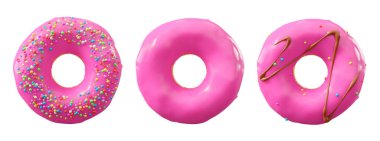 Pembe meyve jöleli çörekler, serpiştirmeler, beyaz çiselemeler ve beyaz şeffaf arka planda izole edilmiş noktalar. 3D görüntüleme ve tatlı çeşitliliği