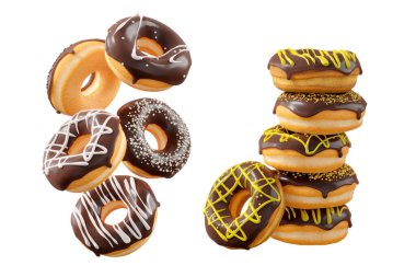 Çikolata kaplı çörekler, serpiştirmeler, beyaz çiselemeler ve beyaz şeffaf arka planda izole edilmiş noktalar. 3D görüntüleme ve tatlı çeşitliliği