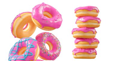 Pembe meyve jöleli çörekler, serpiştirmeler, beyaz çiselemeler ve beyaz şeffaf arka planda izole edilmiş noktalar. 3D görüntüleme ve tatlı çeşitliliği