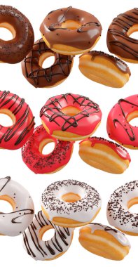 Beyaz şeffaf arka planda renkli kremalı, serpiştirilmiş ve çikolatalı çeşitli çörekler. 3D görüntüleme ve tatlı çeşitliliği