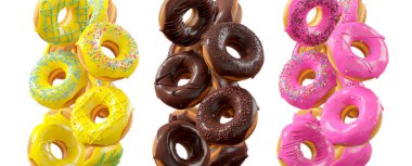 Beyaz şeffaf arka planda renkli kremalı, serpiştirilmiş ve çikolatalı çeşitli çörekler. 3D görüntüleme ve tatlı çeşitliliği