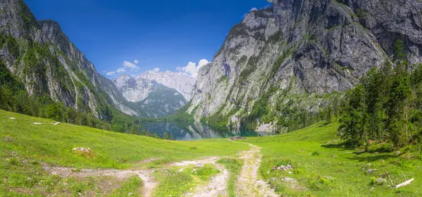 Berchtesgaden Ulusal Parkı, Yukarı Bavyera Alpleri, Almanya ve Avrupa 'daki Obersee Gölü yakınlarındaki dağ vadisinin güzel manzarası. Doğa konseptinin güzelliği.