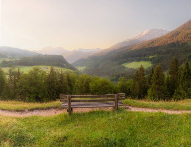 Berchtesgaden Ulusal Parkı, Yukarı Bavyera Alpleri, Almanya, Avrupa 'da gün batımında Hintersee Gölü yakınlarında yol ve bank ile Meadow. Gökyüzü yolu kırpılıyor