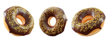 Çikolata kaplı çörekler, serpiştirmeler, beyaz çiselemeler ve beyaz şeffaf arka planda izole edilmiş noktalar. 3D görüntüleme ve tatlı çeşitliliği