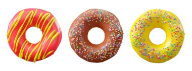 Çikolata kaplı çörekler, serpiştirmeler, beyaz çiselemeler ve beyaz şeffaf arka planda izole edilmiş noktalar. 3D görüntüleme ve tatlı çeşitliliği