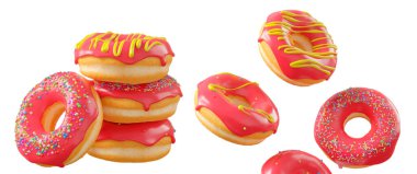 Kırmızı meyve jöleli çörekler, serpinti, beyaz çiseleme ve beyaz şeffaf arkaplanda izole edilmiş noktalar. 3D görüntüleme ve tatlı çeşitliliği