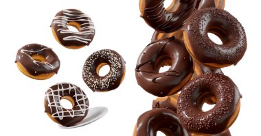 Çikolata kaplı çörekler, serpiştirmeler, beyaz çiselemeler ve beyaz şeffaf arka planda izole edilmiş noktalar. 3D görüntüleme ve tatlı çeşitliliği