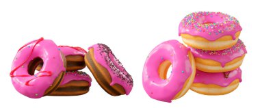 Pembe meyve jöleli çörekler, serpiştirmeler, beyaz çiselemeler ve beyaz şeffaf arka planda izole edilmiş noktalar. 3D görüntüleme ve tatlı çeşitliliği