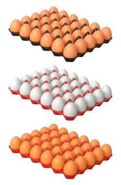 Beyaz şeffaf arka planda izole edilmiş, düzgün istiflenmiş kahverengi ve beyaz yumurtalarla dolu plastik tepsiler. Yumurta çeşitliliği ve gıda endüstrisi kavramı
