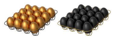 Beyaz şeffaf arka planda izole edilmiş altın ve siyah yumurtalarla dolu metal tepsiler. Yumurta çeşitliliği ve gıda endüstrisi kavramı