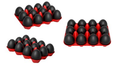 Beyaz şeffaf arka planda izole edilmiş siyah yumurtalarla dolu plastik tepsiler. Yumurta çeşitliliği ve gıda endüstrisi kavramı