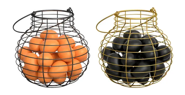 Yumurtalarla dolu kablo sepetleri, beyaz şeffaf arka planda izole edilmiş, mutfak depolama kavramı.