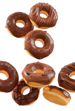 Çikolata kaplı çörekler, serpiştirmeler, beyaz çiselemeler ve beyaz şeffaf arka planda izole edilmiş noktalar. 3D görüntüleme ve tatlı çeşitliliği