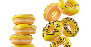 Sarı limon jöleli çörekler, serpinti, beyaz çiseleme ve beyaz şeffaf arka planda izole edilmiş noktalar. 3D görüntüleme ve tatlı çeşitliliği