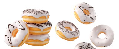 Beyaz çikolata kaplı çörekler, serpiştirmeler, beyaz çiselemeler ve beyaz şeffaf arka planda izole edilmiş noktalar. 3D görüntüleme ve tatlı çeşitliliği