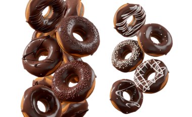 Çikolata kaplı çörekler, serpiştirmeler, beyaz çiselemeler ve beyaz şeffaf arka planda izole edilmiş noktalar. 3D görüntüleme ve tatlı çeşitliliği