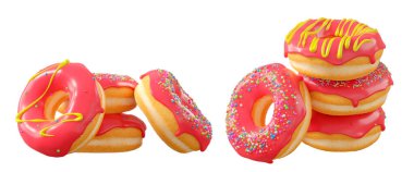 Kırmızı meyve jöleli çörekler, serpinti, beyaz çiseleme ve beyaz şeffaf arkaplanda izole edilmiş noktalar. 3D görüntüleme ve tatlı çeşitliliği