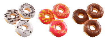 Beyaz şeffaf arka planda renkli kremalı, serpiştirilmiş ve çikolatalı çeşitli çörekler. 3D görüntüleme ve tatlı çeşitliliği