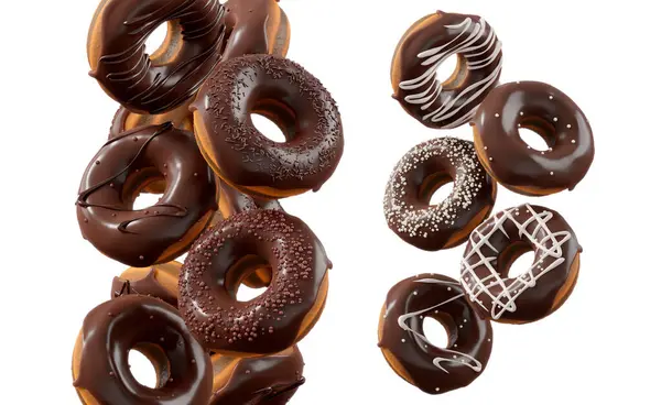 Çikolata kaplı çörekler, serpiştirmeler, beyaz çiselemeler ve beyaz şeffaf arka planda izole edilmiş noktalar. 3D görüntüleme ve tatlı çeşitliliği