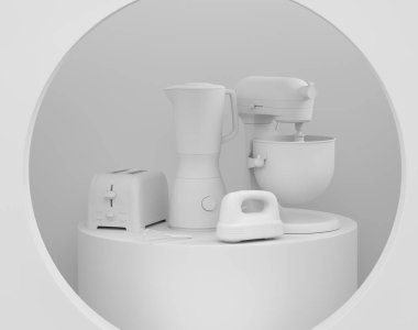 Monokrom arka planında mutfak aletleri ve aletleri olan soyut bir sahne ya da podyum. Ürün sunumu için 3d görüntü oluşturma veya ürünü sahnede, kaidede veya platformda gösterme