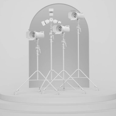Soyut sahne ya da podyum. Fotoğraf stüdyosu flaşlı. Tek renkli arka planda ışıklandırma standı var. Monoblock ya da monolight gibi profesyonel ekipmanların sunumu için 3D görüntü oluşturma