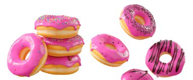 Pembe meyve jöleli çörekler, serpiştirmeler, beyaz çiselemeler ve beyaz şeffaf arka planda izole edilmiş noktalar. 3D görüntüleme ve tatlı çeşitliliği