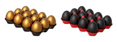 Beyaz şeffaf arka planda izole edilmiş altın ve siyah yumurtalarla dolu plastik tepsiler. Yumurta çeşitliliği ve gıda endüstrisi kavramı