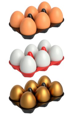 Plastik tepsiler beyaz şeffaf arka planda izole edilmiş kahverengi, altın ve beyaz yumurtalarla dolu. Yumurta çeşitliliği ve gıda endüstrisi kavramı