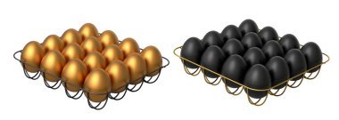 Beyaz şeffaf arka planda izole edilmiş altın ve siyah yumurtalarla dolu metal tepsiler. Yumurta çeşitliliği ve gıda endüstrisi kavramı