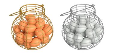 Yumurtalarla dolu kablo sepetleri, beyaz şeffaf arka planda izole edilmiş, mutfak depolama kavramı.