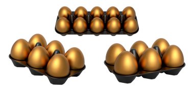 Plastik tepsiler düzgünce istiflenmiş altın yumurtalarla dolu, beyaz şeffaf arka planda izole edilmiş. Yumurta çeşitliliği ve gıda endüstrisi kavramı