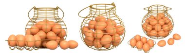 Yumurtalarla dolu kablo sepetleri, beyaz şeffaf arka planda izole edilmiş, mutfak depolama kavramı.