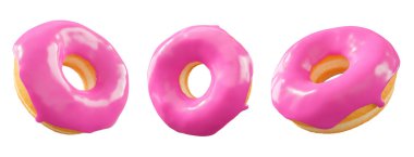 Pembe meyve jöleli çörekler, serpiştirmeler, beyaz çiselemeler ve beyaz şeffaf arka planda izole edilmiş noktalar. 3D görüntüleme ve tatlı çeşitliliği