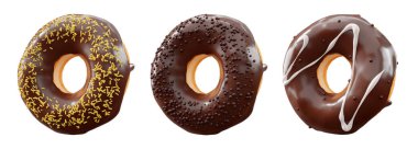 Çikolata kaplı çörekler, serpiştirmeler, beyaz çiselemeler ve beyaz şeffaf arka planda izole edilmiş noktalar. 3D görüntüleme ve tatlı çeşitliliği