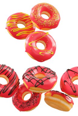 Kırmızı meyve jöleli çörekler, serpinti, beyaz çiseleme ve beyaz şeffaf arkaplanda izole edilmiş noktalar. 3D görüntüleme ve tatlı çeşitliliği