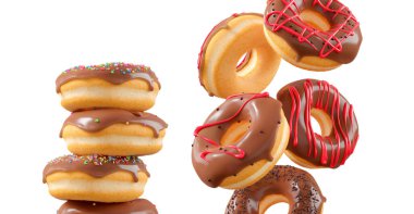 Çikolata kaplı çörekler, serpiştirmeler, beyaz çiselemeler ve beyaz şeffaf arka planda izole edilmiş noktalar. 3D görüntüleme ve tatlı çeşitliliği