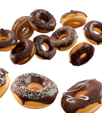 Çikolata kaplı çörekler, serpiştirmeler, beyaz çiselemeler ve beyaz şeffaf arka planda izole edilmiş noktalar. 3D görüntüleme ve tatlı çeşitliliği