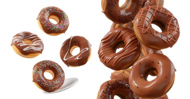 Çikolata kaplı çörekler, serpiştirmeler, beyaz çiselemeler ve beyaz şeffaf arka planda izole edilmiş noktalar. 3D görüntüleme ve tatlı çeşitliliği