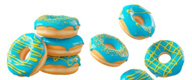 Mavi yaban mersini jöleli çörekler, serpinti, beyaz çiseleme ve beyaz şeffaf arka planda izole edilmiş noktalar. 3D görüntüleme ve tatlı çeşitliliği