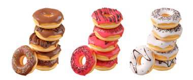 Beyaz şeffaf arka planda renkli kremalı, serpiştirilmiş ve çikolatalı çeşitli çörekler. 3D görüntüleme ve tatlı çeşitliliği