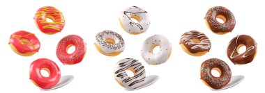 Beyaz şeffaf arka planda renkli kremalı, serpiştirilmiş ve çikolatalı çeşitli çörekler. 3D görüntüleme ve tatlı çeşitliliği