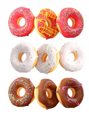 Beyaz şeffaf arka planda renkli kremalı, serpiştirilmiş ve çikolatalı çeşitli çörekler. 3D görüntüleme ve tatlı çeşitliliği