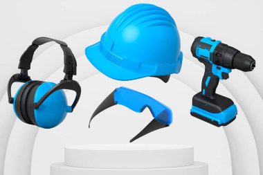 Miğferler, kulaklıklar ve gözlüklerden oluşan koruyucu ekipmanlar tek renkli arka plan, güvenlik önleme giysisi konsepti.